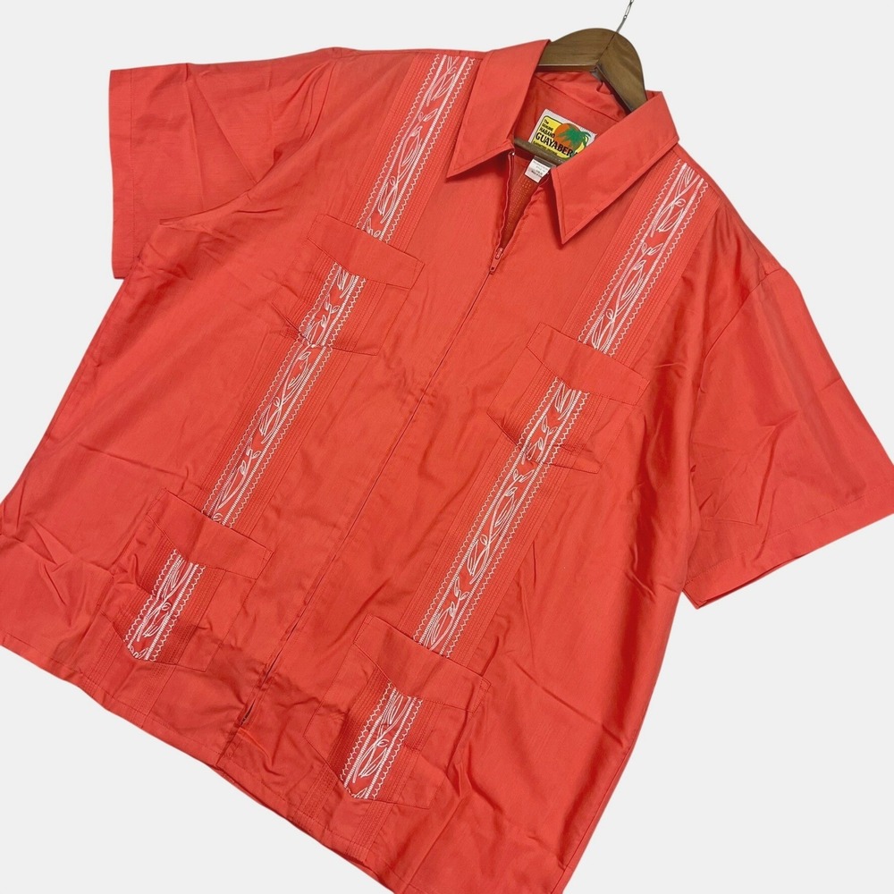 Haband Guayabera Mens XL Coral Orange Zip Front Short Sleeve Shirt Cuban Style